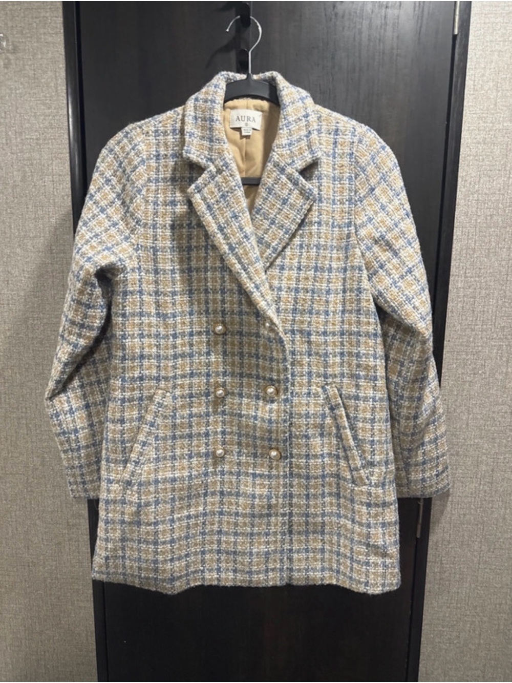 Aura Blue & Cream Plaid Double-Breasted Peacoat with Pearl Buttons